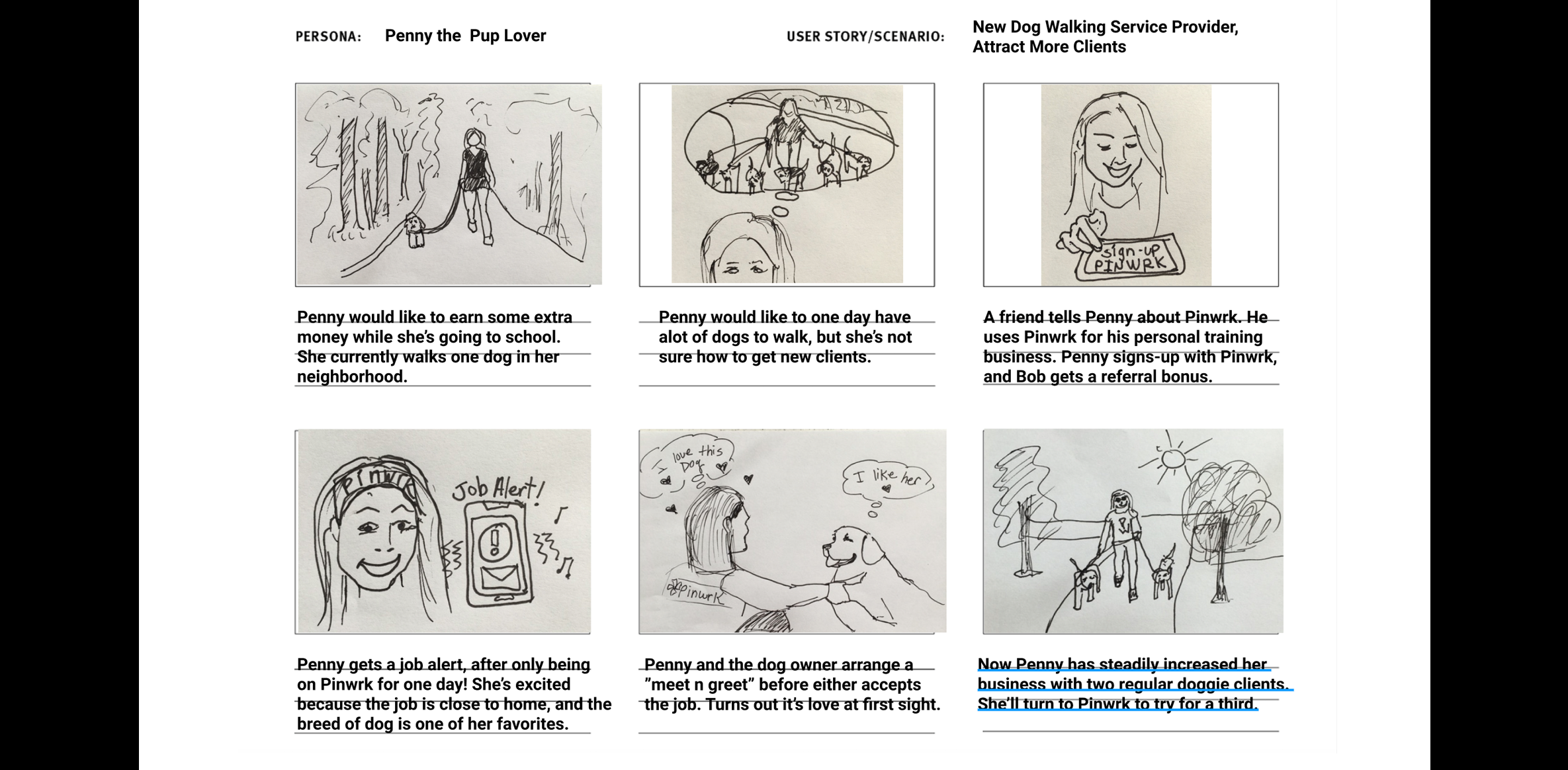 Storyboard of Penny the Pup Lover looking to walk more dogs.