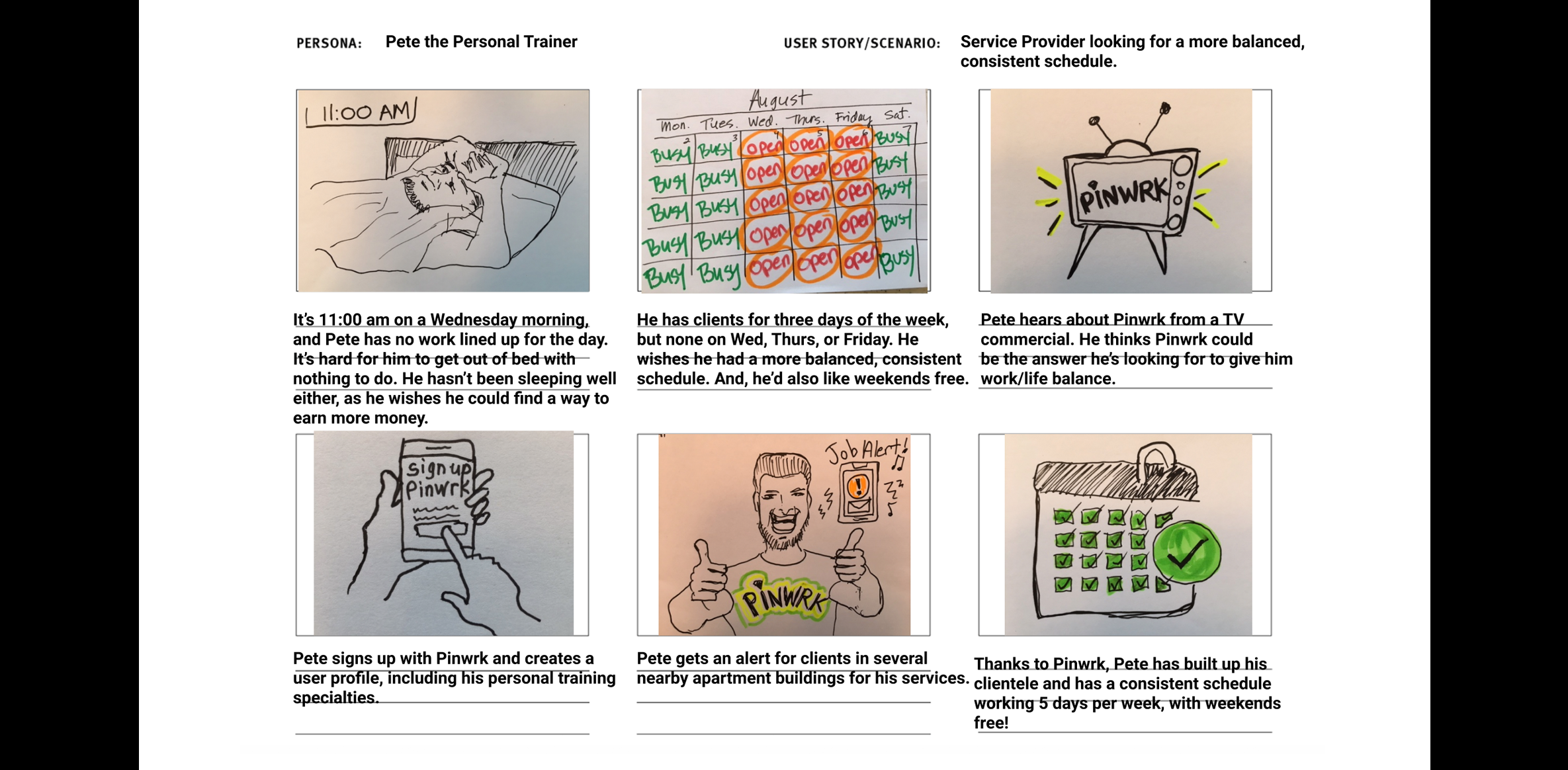 Storyboard of Pete the Personal Trainer looking to optimize his schedule.